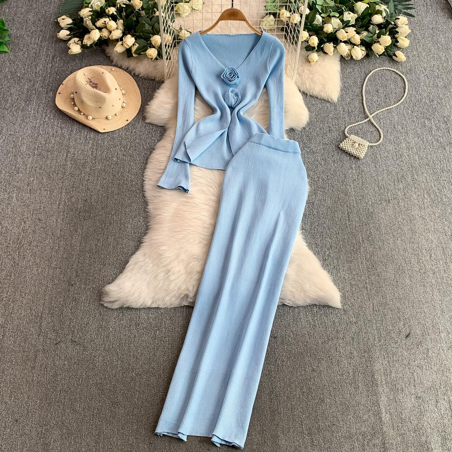 

Весна Осінь Жіночий Елегантний В язаний Светр Офісний Набір з Двох Предметів V-подібний виріз 3D Квітковий Пуловер Топи та Довга Максі Спідниця-Футляр Вбрання One size синій