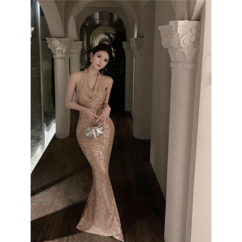 Платье-вуаль с воланом и блестками цвета шампанского, тяжелое вечернее платье, платье для помолвки, женское S шампанского