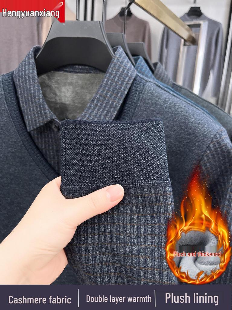 Hengyuanxiang Men's Pure Cashmere Two-Piece Look Thickened Winter Sweater