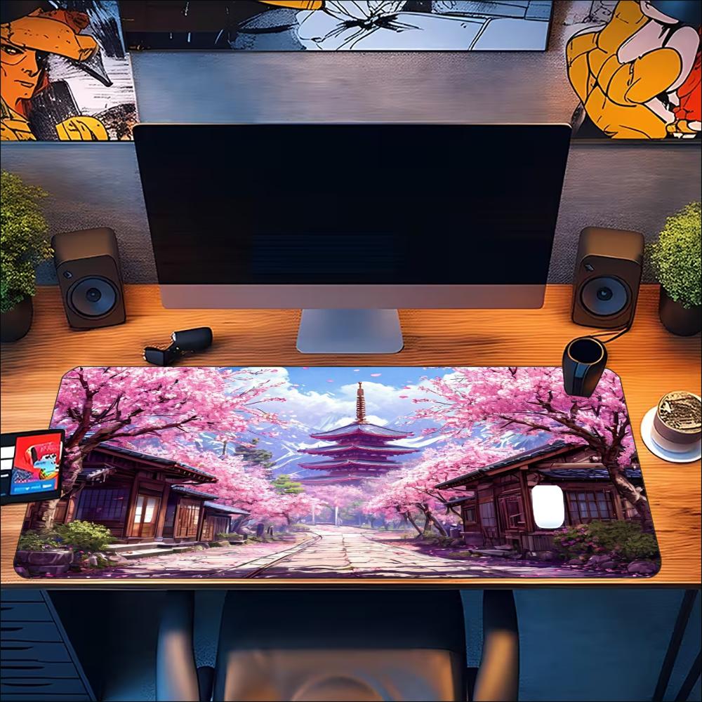 Anime Purple Cherry Blossom Town Large Gaming Mouse Pad Non‑Slip Rubber Mat For Smooth Mouse Control Laptop Gaming Desktop