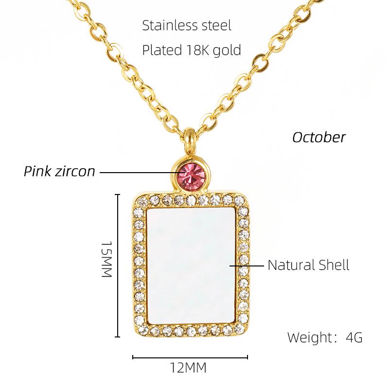 18K Titanium Steel Birthstone Pendant Necklace with Square Shell Design for Women