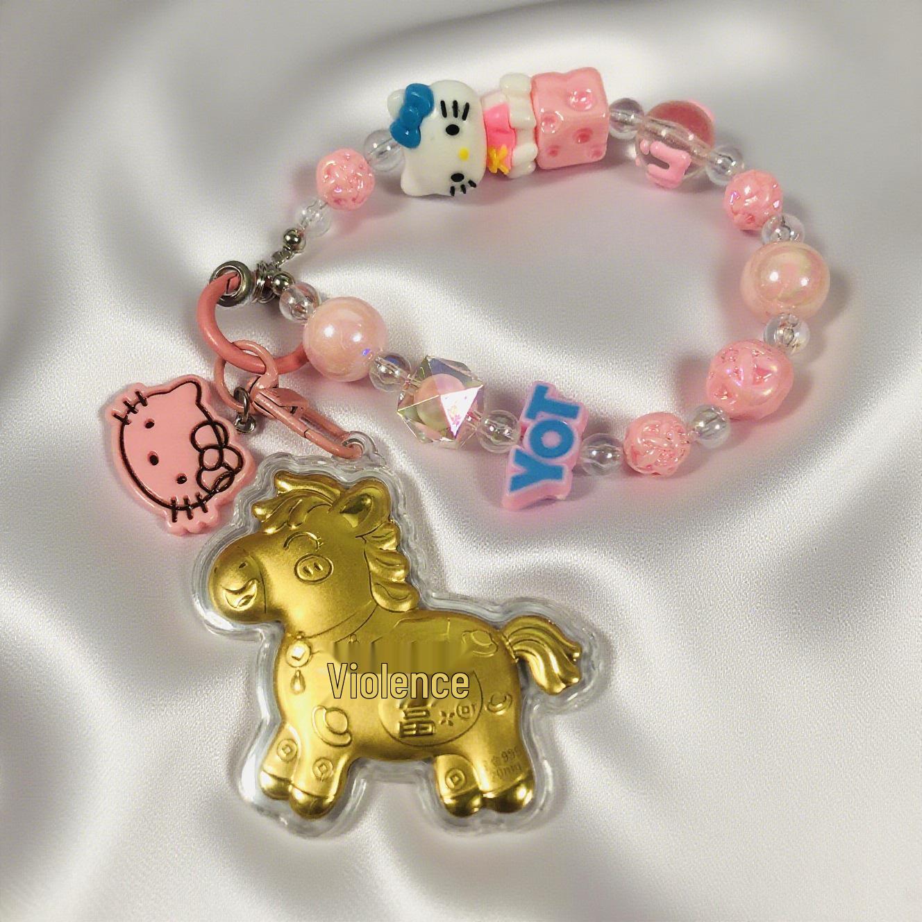 

God of Wealth 999 Fine Gold Pendant with KT Cat Charm Keyring, 20mg Mobile Phone Chain Cream Beaded Chain