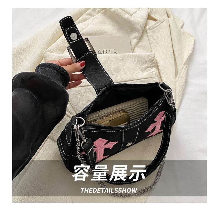 Fashi Y2K Cool Girls Chain Shoulder Bag Retro Canvas Women's Underarm Bags Small Tote Handbags Clutch Purse Crossbody Bag