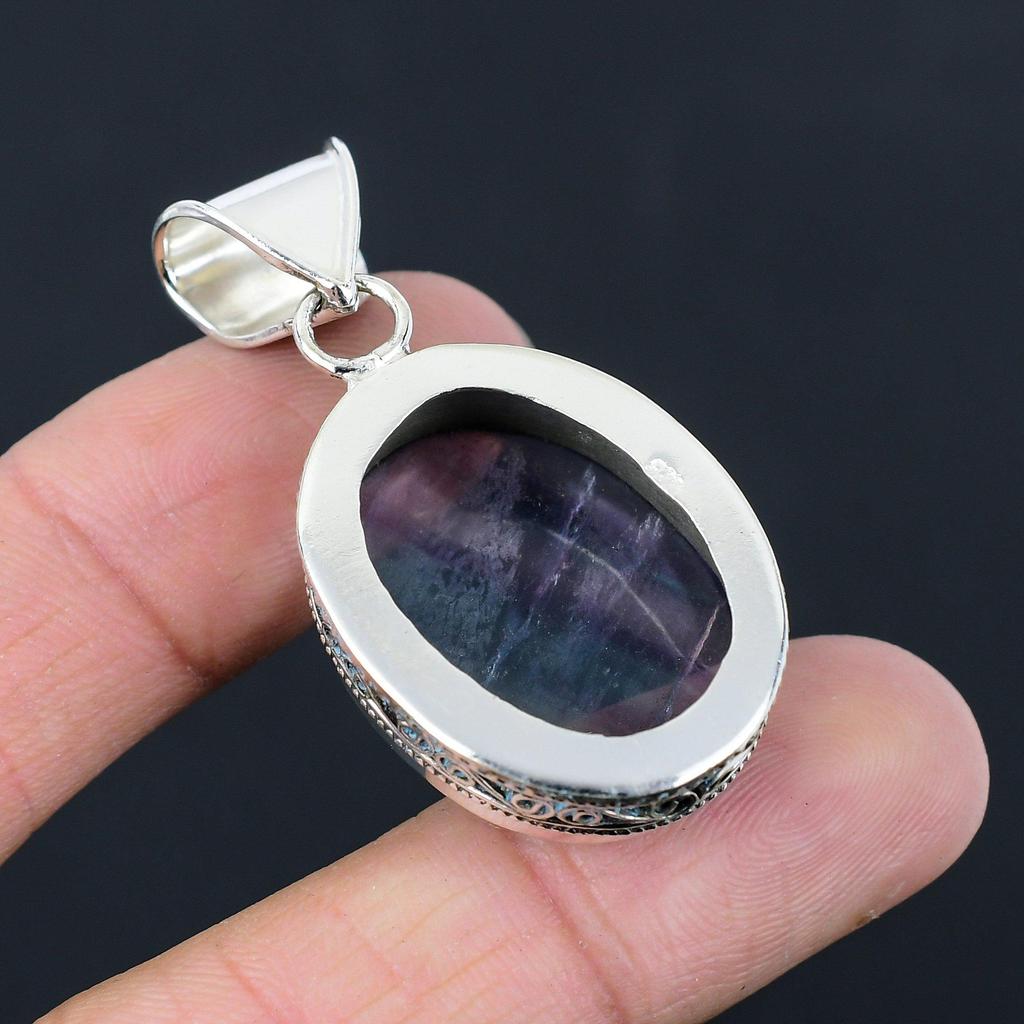 Daughters Day Sale 925 Silver Oval Natural Multi Fluorite Ethnic Pendant Jewelry