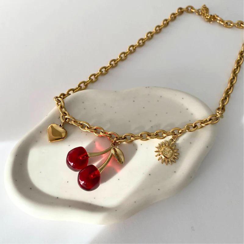 Cherry Girl Red Pearl Pendant Earrings & Bracelet Necklace Set - Titanium Steel with Color Retention