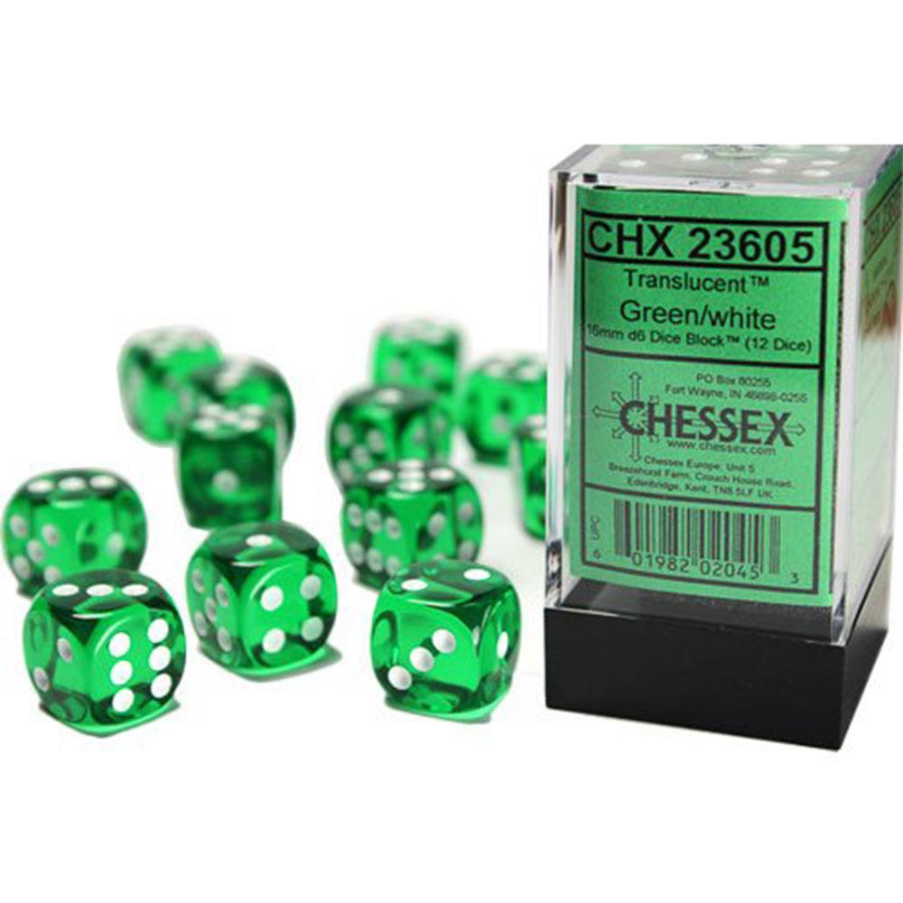 

Прозрачный блок для игральных костей Chessex 16 мм D6 (Зеленый/Белый)