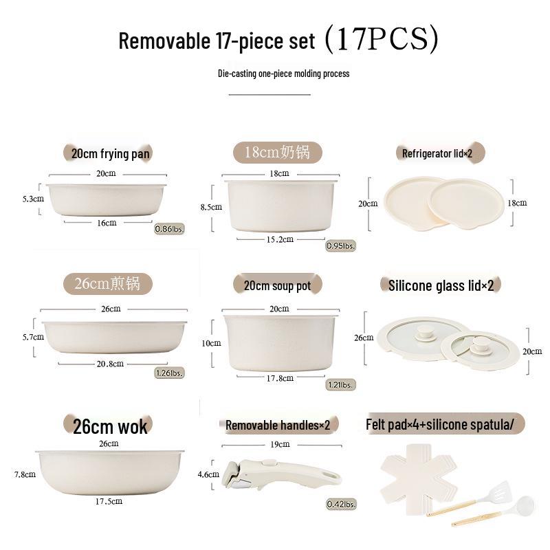 Non-Stick Removable Cookware Set with Steamer, Frying Pan, and Separable Handle