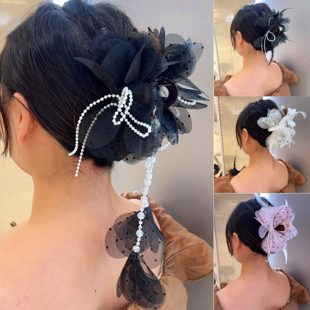 

Mesh Flower Hairgrips Beads Tassel Shark Clip New Grasping Clip Beige 1