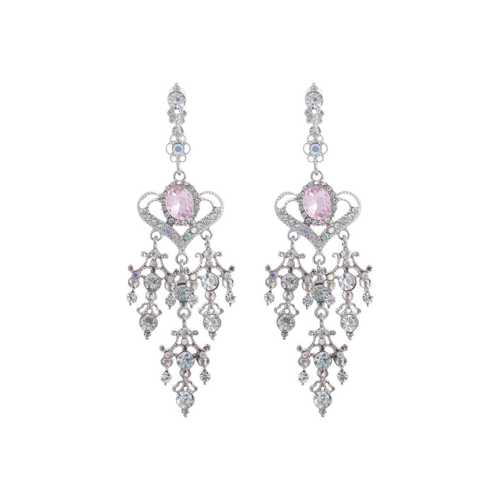 Super Fairy Pink Diamond-Encrusted Love Water Drop Earrings, Retro Baroque Long Sweet Fringed Temperament Earrings