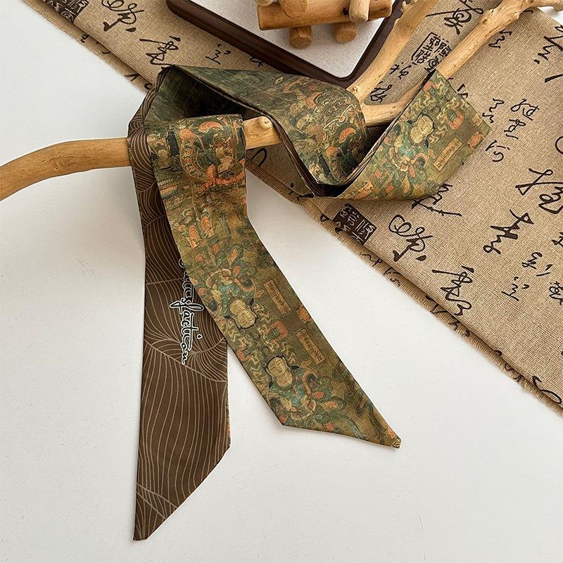 Long streamer bow tied hair retro Dunhuang oil painting silk scarf headband women tied headscarf