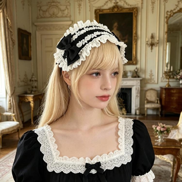 Lolitas Lace Headband Retro Cosplay Party Hair Accessories Ribbon Bows Maid Headdress for Womens