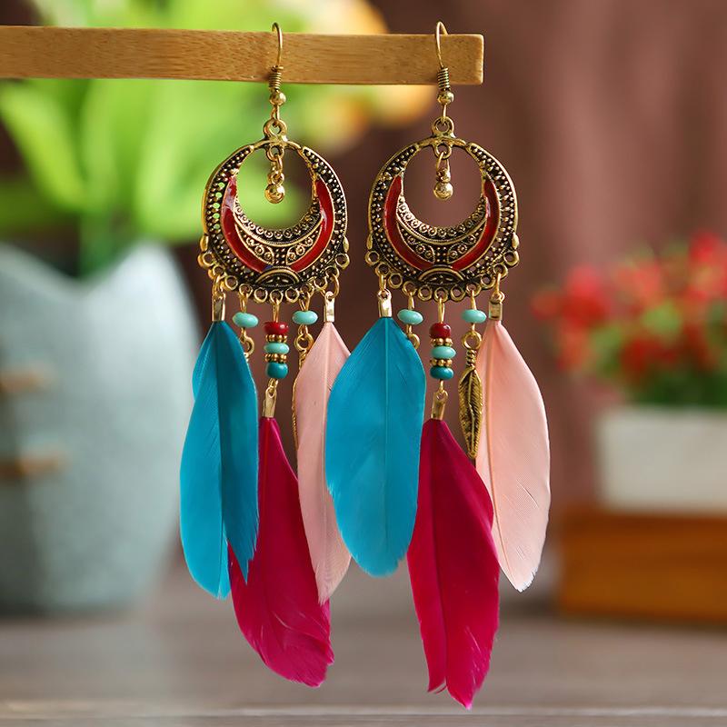 Bohemian Long Feather Leaf Dangle Earrings For Women Beach Beaded Handmade Geometric Enamel Drop Wedding Earrings Pendientes