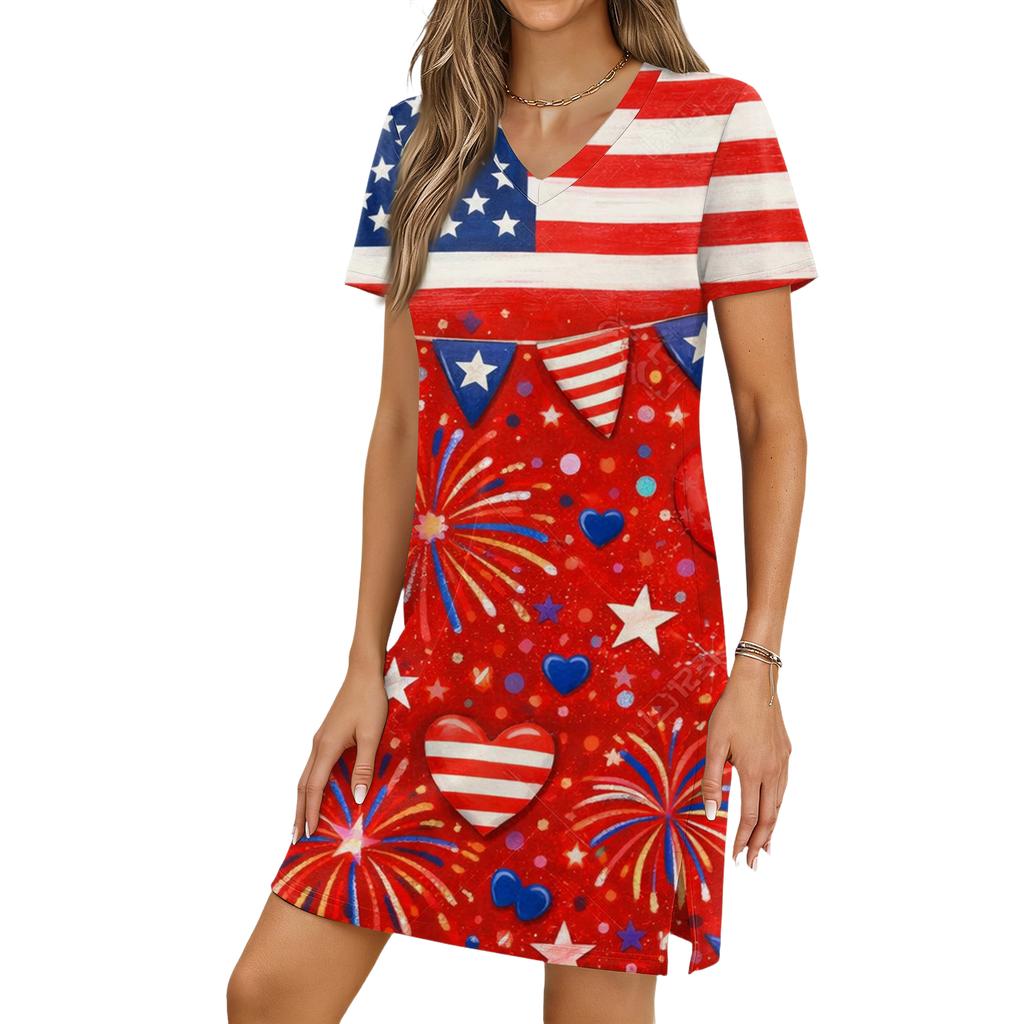 Women's Casual V-neck Short Sleeve Split Hem Independence Day Printed Dress