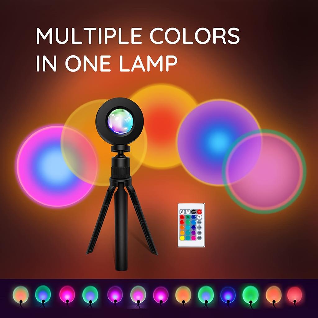 1 solnedgangsprojektorlampe med stativ, fjernkontroll 16 farger Variabel projeksjon LED-lys Gulvlampe, innendørs dekorasjon Nattlys Regnbuelys