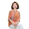 Chinese Style Summer Women's Round Neck 3/4 Sleeve Printed Top for Middle-Aged & Elderly