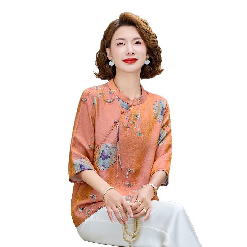 Chinese Style Summer Women's Round Neck 3/4 Sleeve Printed Top for Middle-Aged & Elderly