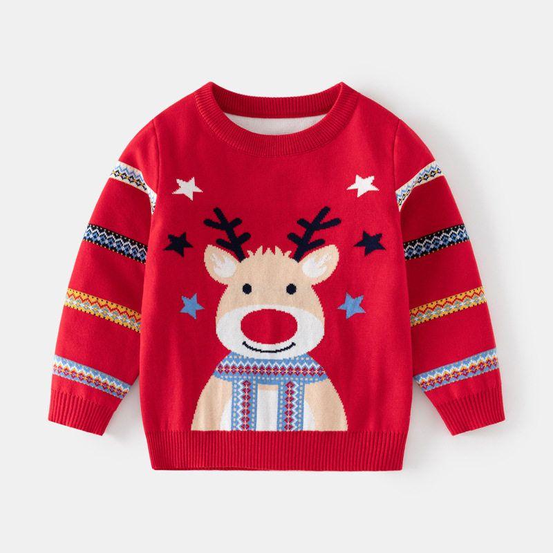 Children's Clothing Boys' Christmas Reindeer Pullover Sweater Autumn and Winter Kidsren's Striped Sleeve Knitwear Baby Star Sweater