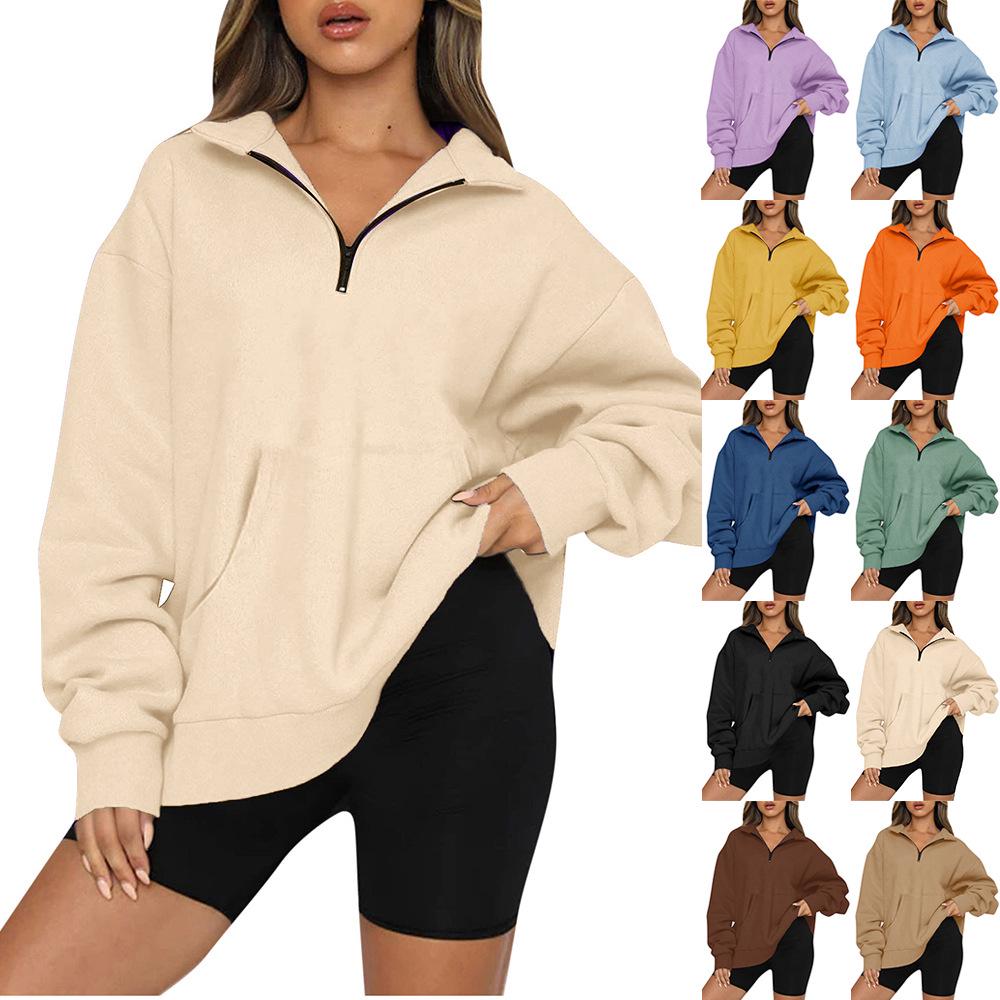 European and American Women's 2022 Autumn/Winter Pocket Half-Zip Long Sleeve Pullover Hoodie Sweatshirt