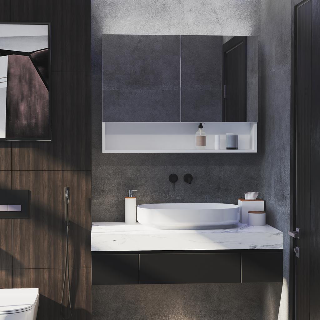 Wall Mirror Cabinet with LED Lights, Open Shelf and Internal Shelf, 80x15x60cm