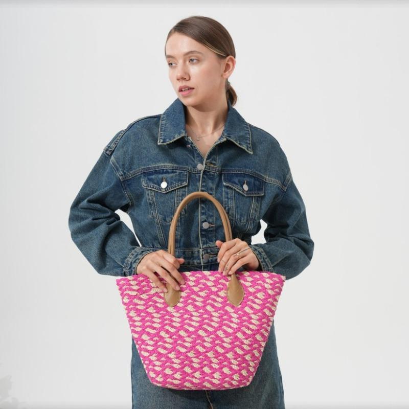 

New contrasting color straw woven bag women s vacation beach bag large capacity shoulder tote bag versatile vegetable basket woven bag Welt Zipper розы красного