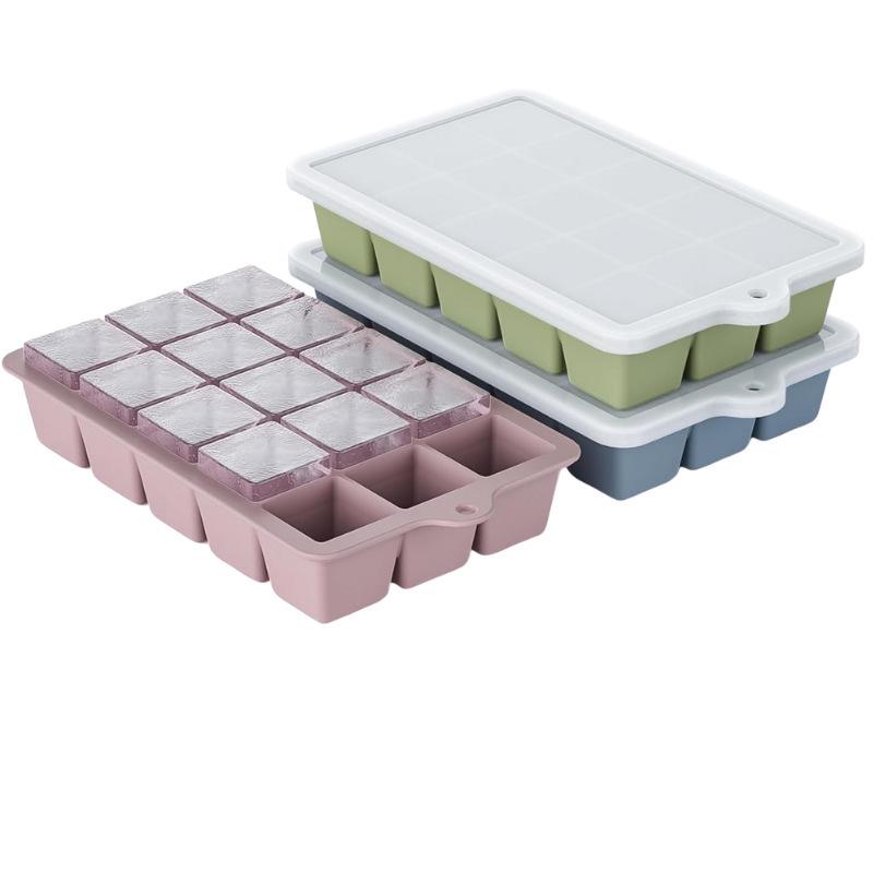 Popular Silicone Ice Cube Tray with Lid – 4 Large Slots & 15 Square Compartments for Soup or Food Storage