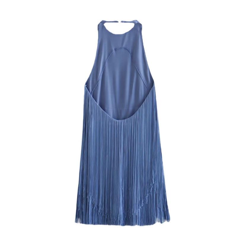 2026 Summer European-American Tassel Backless Halter Mini Dress