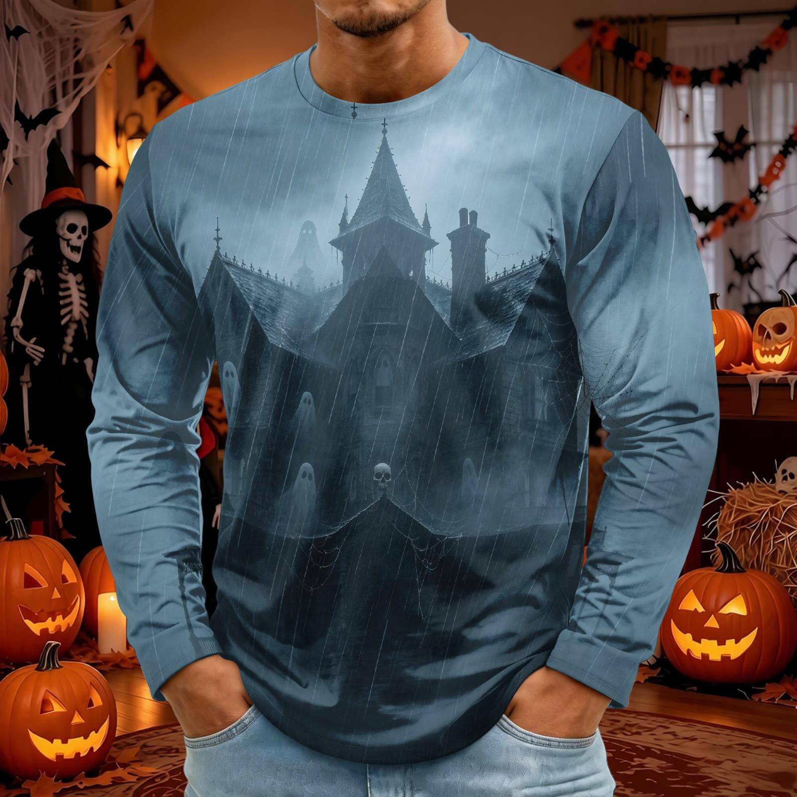 Men s Long Sleeve Halloween Print T-Shirt with Round Neck, Fashion Top for Halloween Events S
