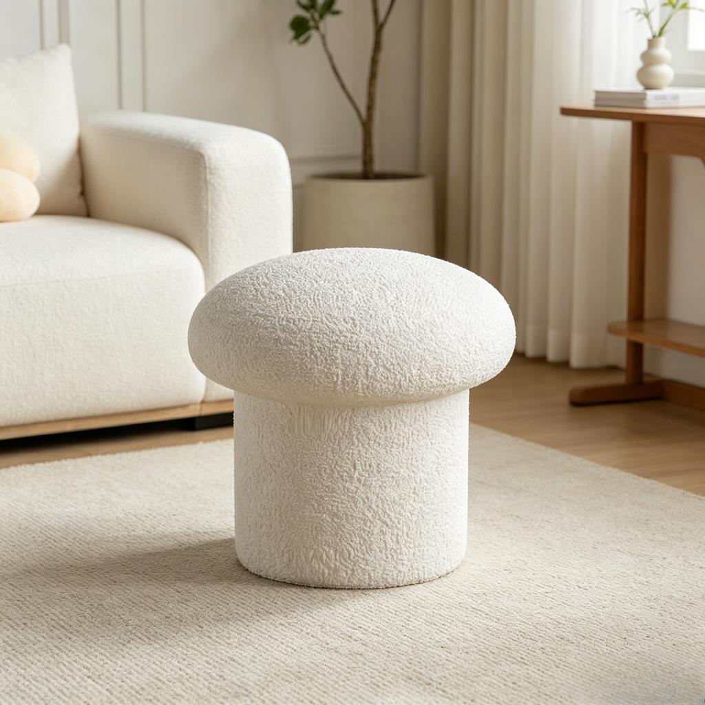 Cream White Cashmere Fabric Stool, Cute Household Mushroom Stool, Low Bench & Coffee Table Stool for Adults