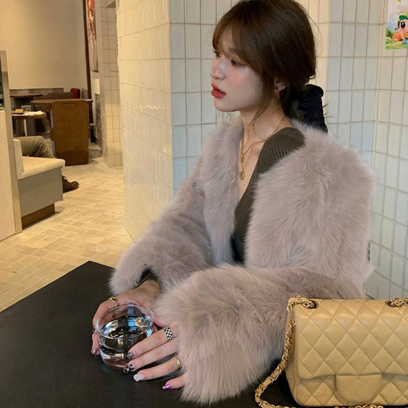 Winter New Elegant Long Sleeve Fox Fur Jackets Women Fashion Vintage Slim Plush Warm Casual Coats Women Solid Loose Office Ladies Jacket Tops 25879