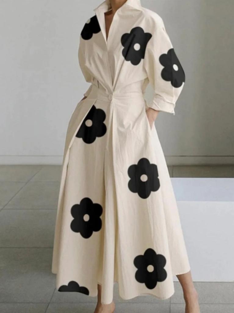 During the Republic of China, Large-size Commuter Fashion POLO Collar Lining Long Short-sleeved Loose Pendulum Dress