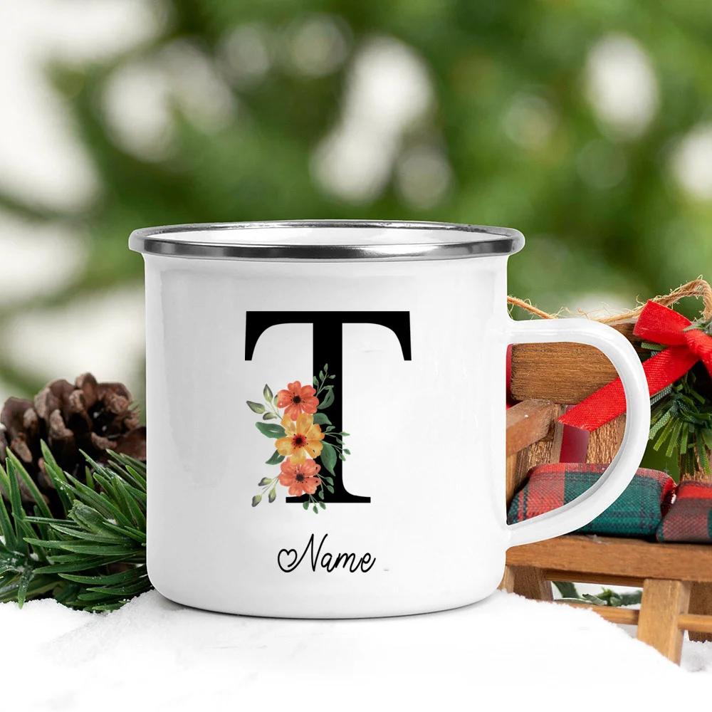 Personalisierte Namens Emailletasse Benutzerdefinierte Blume Buchstabe Alphabet Tasse Camping Henkel Kaffee Tee Milch Tassen Festliche Geburtstagsgeschenke