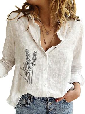 Damenmode Langarmshirt Locker Baumwolle Leinen Oberteil Damen Lässige Druckblusen