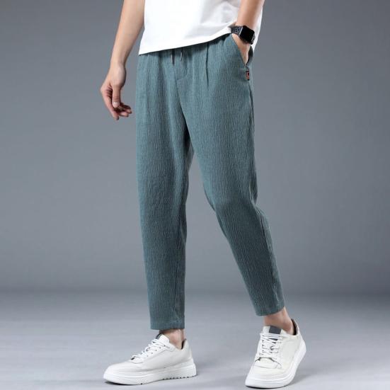 Men Ninth Pants Drawstring Elastic Waist Straight Leg Loose Solid Color Pockets Plus