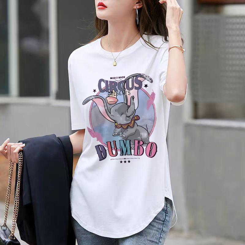 Ny Sommarvit Mellångd Böjd Kortärmad T-shirt för Dam Nisch Tecknad Tryckt Lös Topp