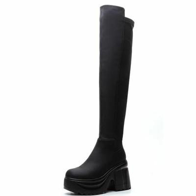 Mode 10CM Mikrofaserstoff Stretchstoff Damen Kniehohe Stiefel Leder Neu Herbst Plateau Keilabsatz Mode Britisch Frühling Stiefel Schuhe