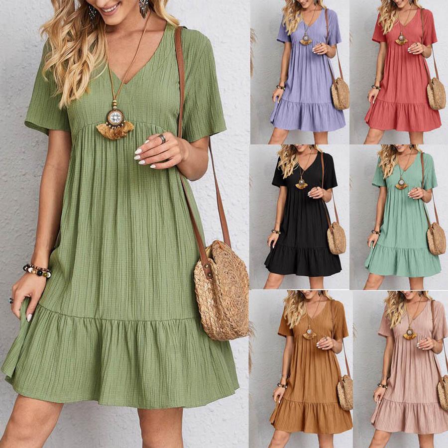Women's Overruns Summer Loose Casual Short Sleeve Ruched Flowy Dress