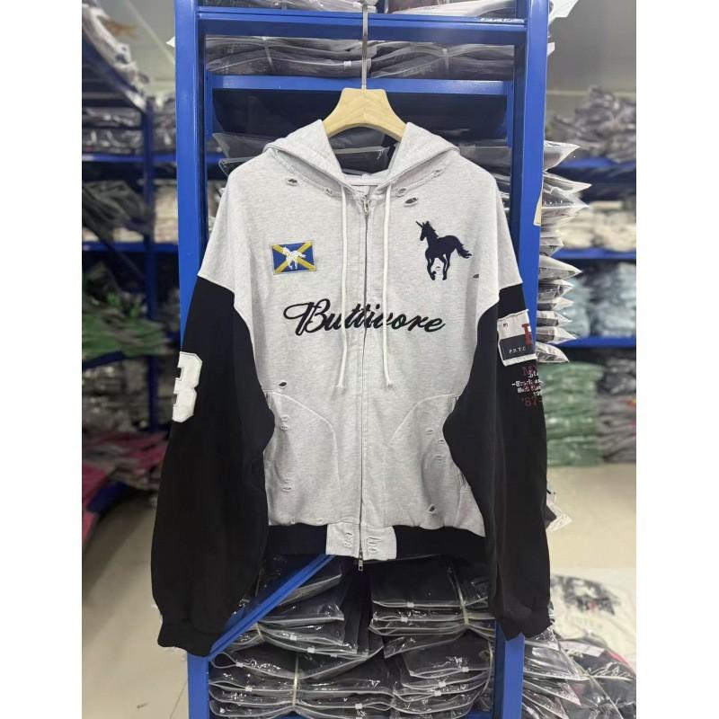 Unisex Distressed Patchwork Hooded Sweatshirt With Embroidered Zipper Front Casual Streetwear