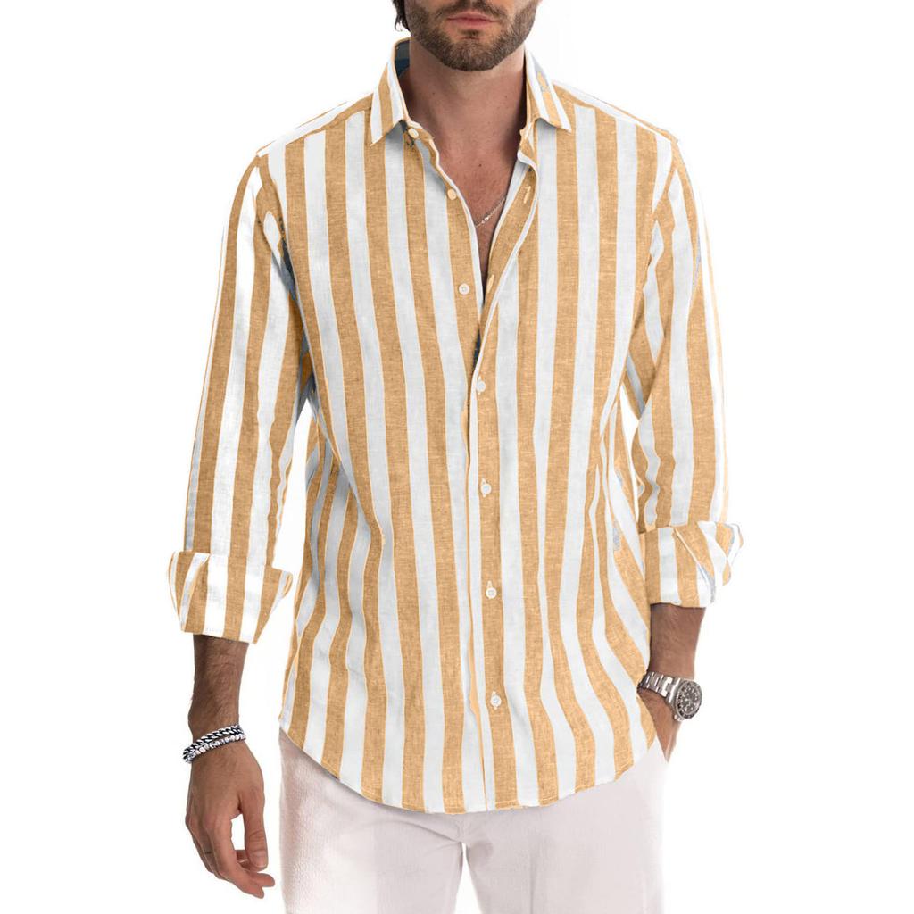 Men's Long Sleeves Flip Collar Stripes Loose Shirt