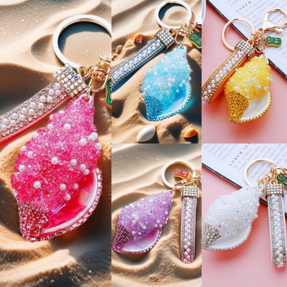 Candy Color Sea Beach Pendants Rhinestone Pearl Car Keyring Trendy Shell Conch Keychain Summer