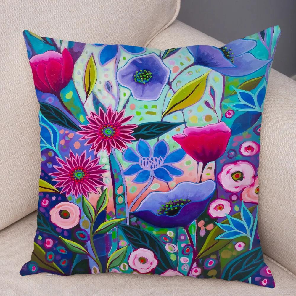 Nordic Watercolor Flower Pillowcase Soft Plush Decor Cartoon Floral Plant Cushion Cover for Sofa Home Children Room Pillow Case