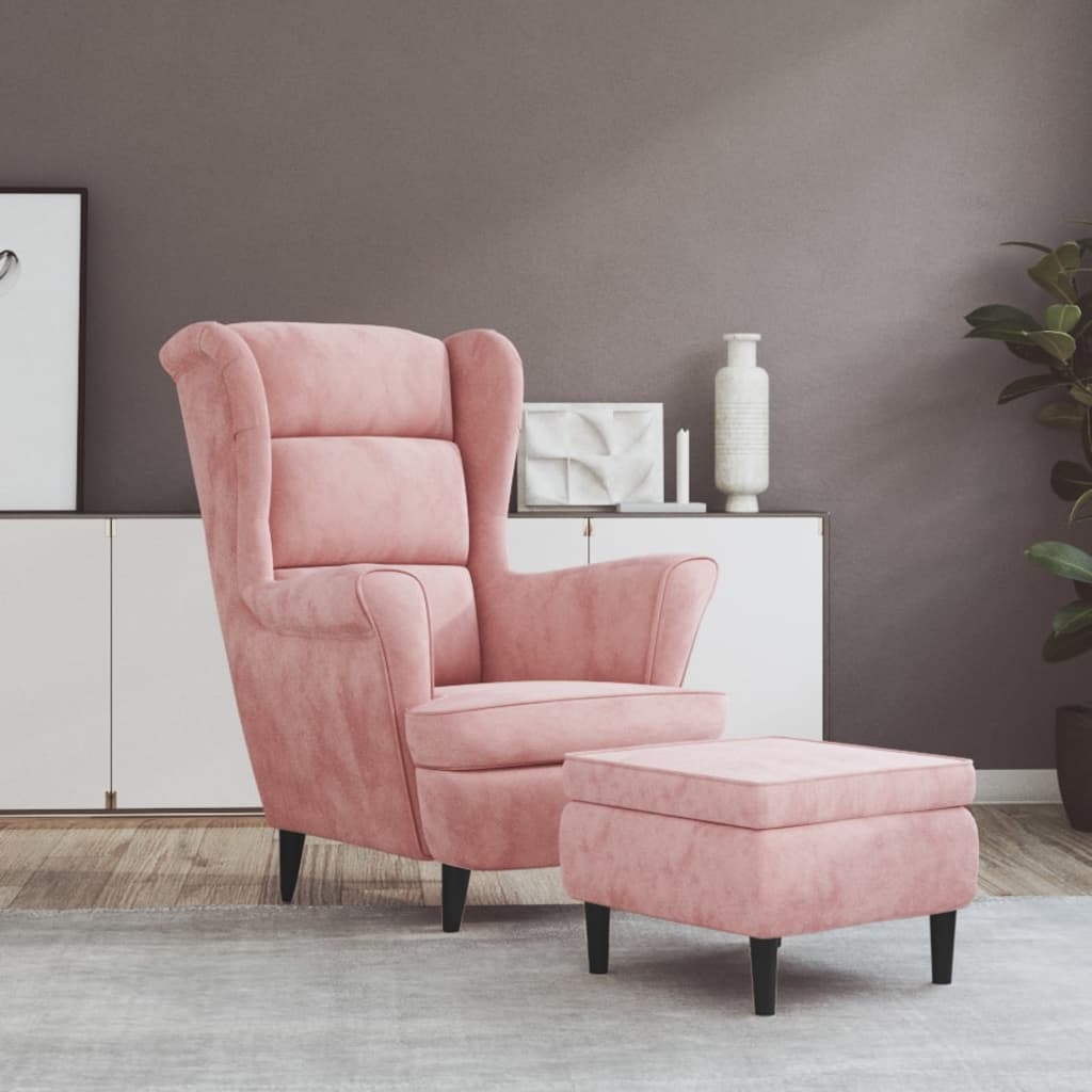 Armchair with Footstool Pink Velvet
