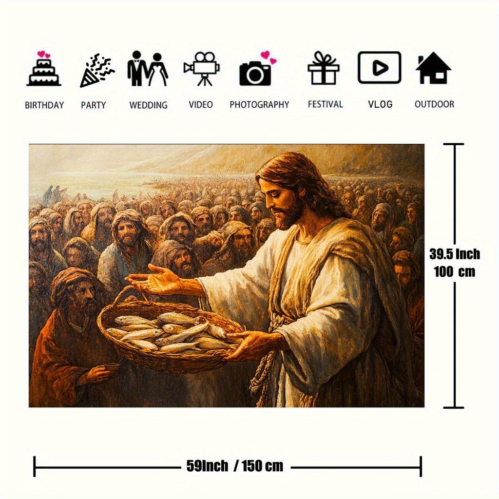 One 2D flat background panel featuring a Bible theme with Jesus a bread basket and fish.zyc