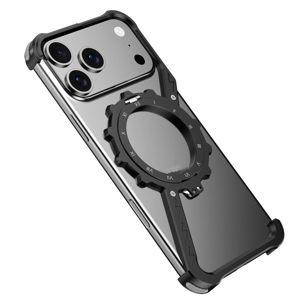 High Quality Aluminum Frameless Phone Case 360 Magnetic Rotation Stand Shockproof Bumper Electroplate for Iphone 17 Pro Orange