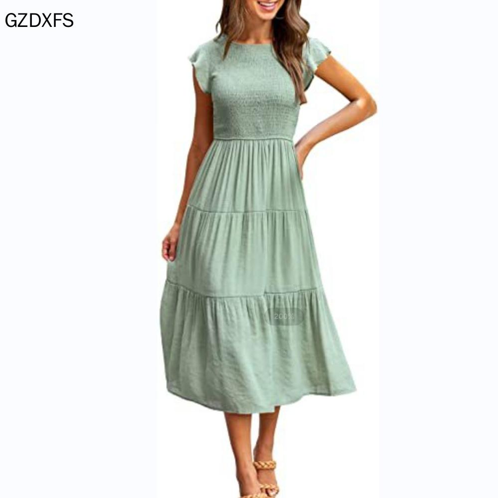 Damen-Fly-Sleeve-Fly-Sleeve-Plissee-Lagen-Kurzarmkleid mit großem Schwung