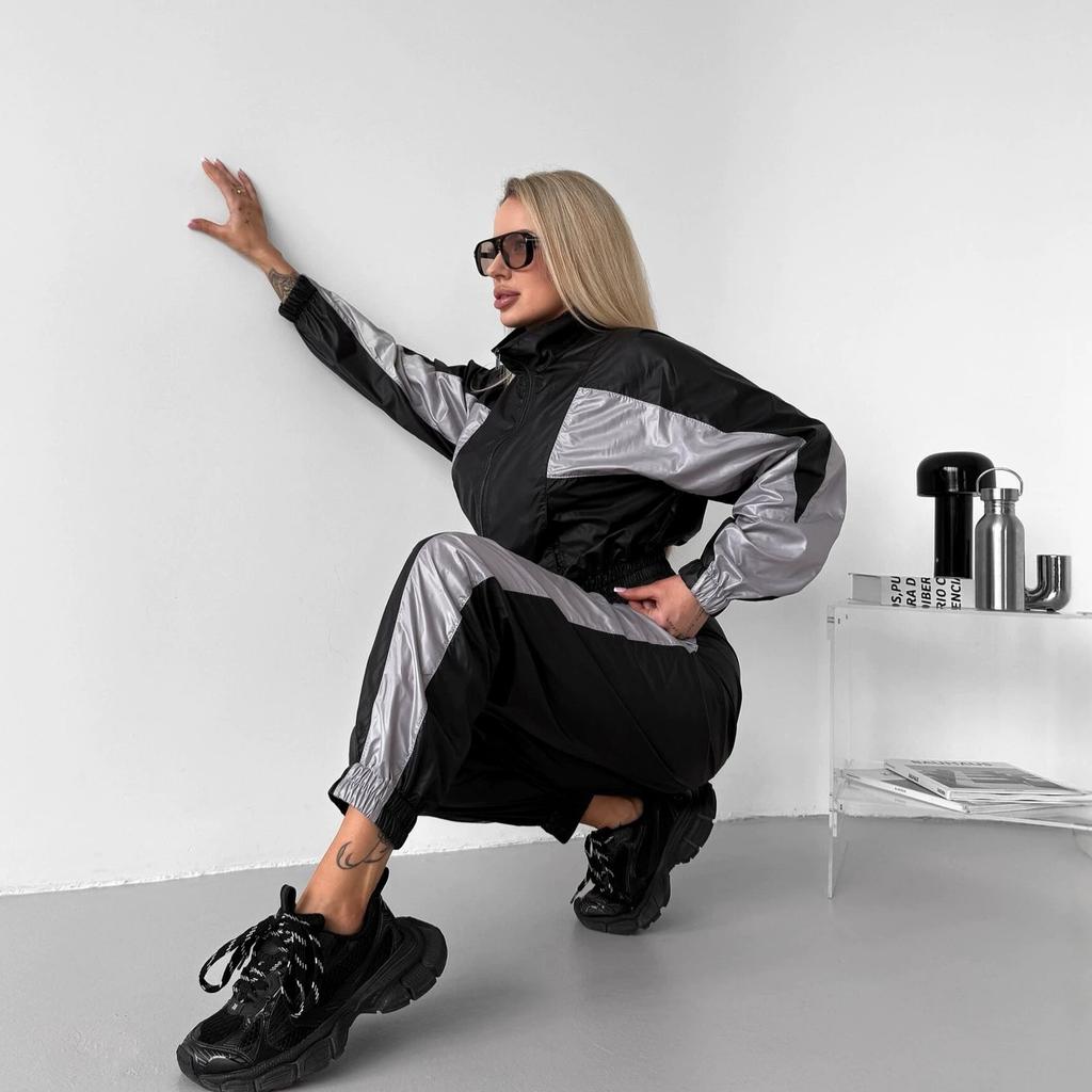 2026 European and American Color Matching Two-piece Set Short Stand-up Collar Zipper Jacket Elastic Waist Tied Sports Trousers Set