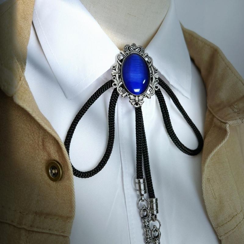 Men Women Handmade Vintage Bolo Tie Western Cowboy Braided Rope Necktie with Antique Stone Feathered Pendant Necklace
