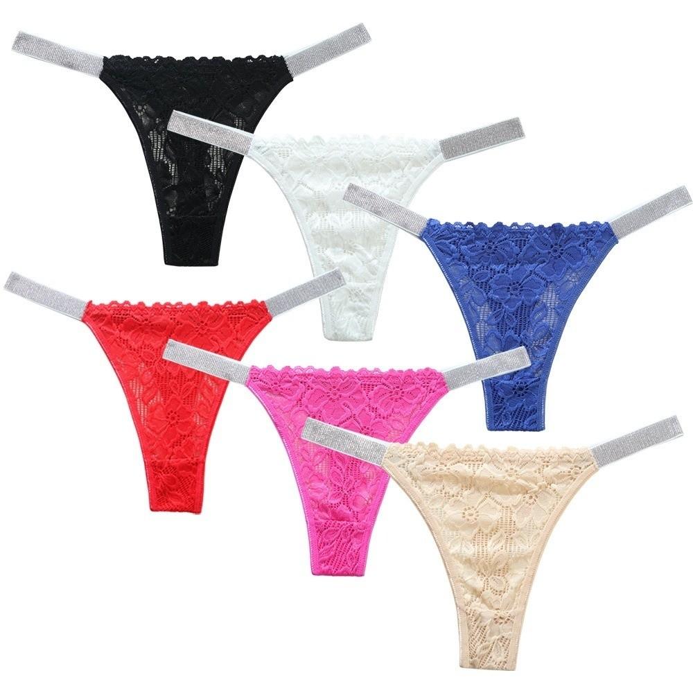 Crystal Rhinestone Thong Mid Waist Mesh Briefs Thin Lace Flower Panties Ladies