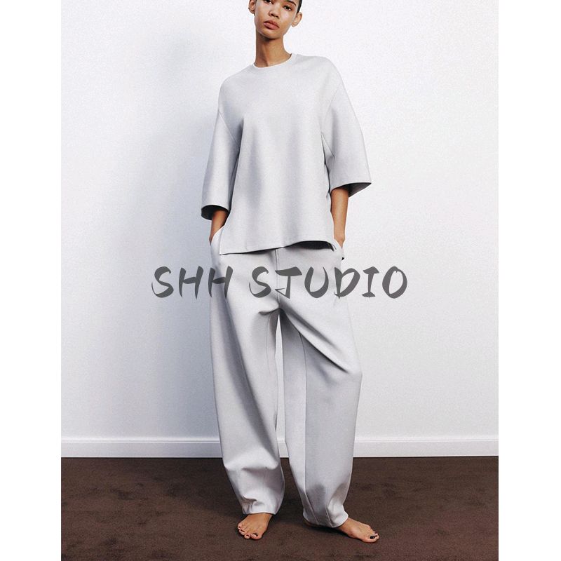 Spring and Summer New Women's Clothing Double-Sided Cloth Cocoon Shaped round Neck T-shirt 3641310 Loose Casual Trousers 3641311