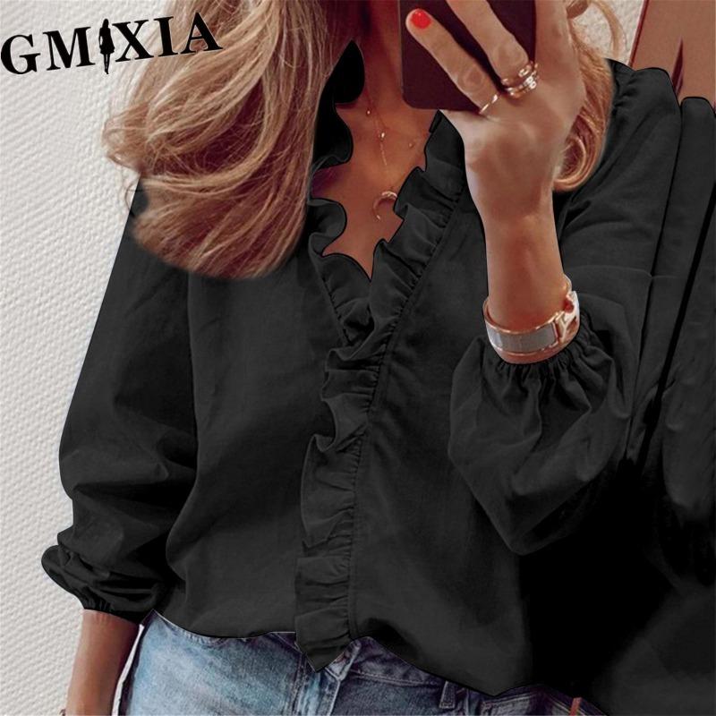 GMXIA Women's Fashion Casual Leisure Solid Color Print Long Sleeve V Neck Blouses & Shirts