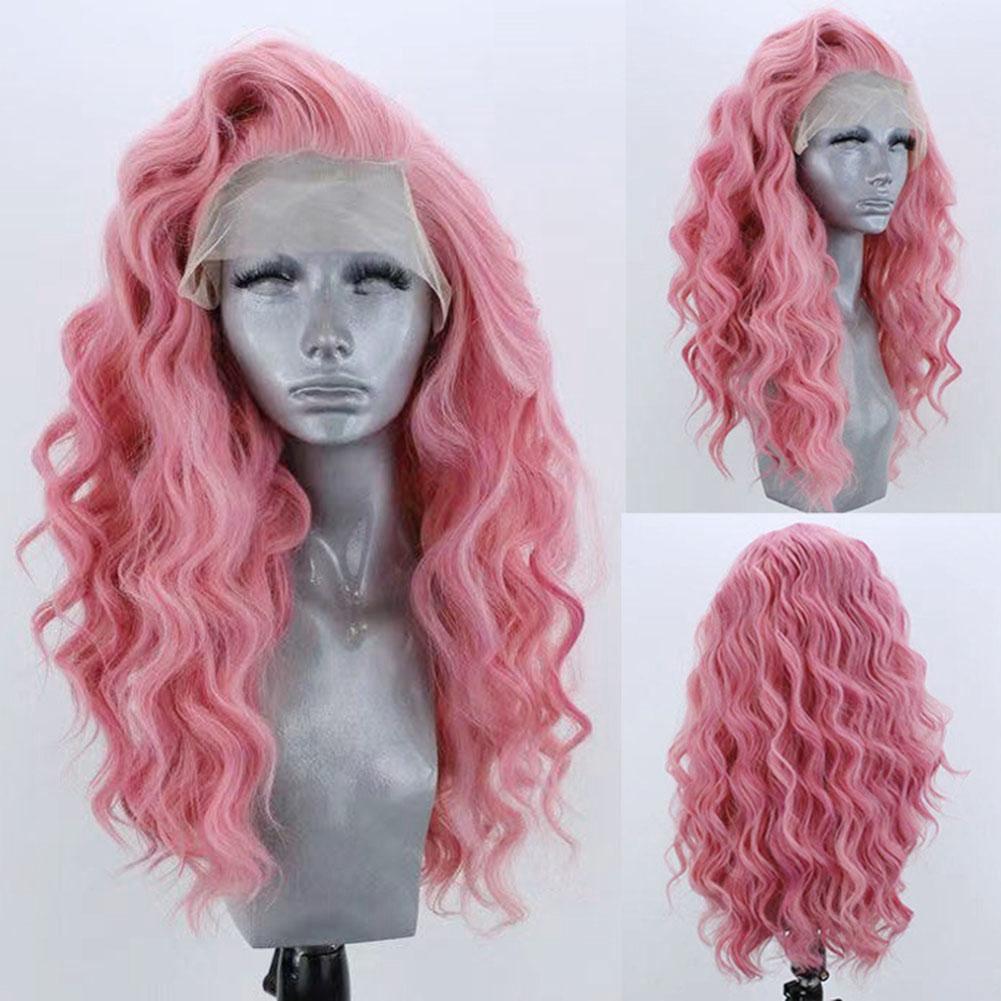 AIMEYA Pink Lace Front Wig Long Body Wave Synthetic Hair 13x4 Glueless Natural Hairline Frontal Lace Cosplay Daily Use Wig